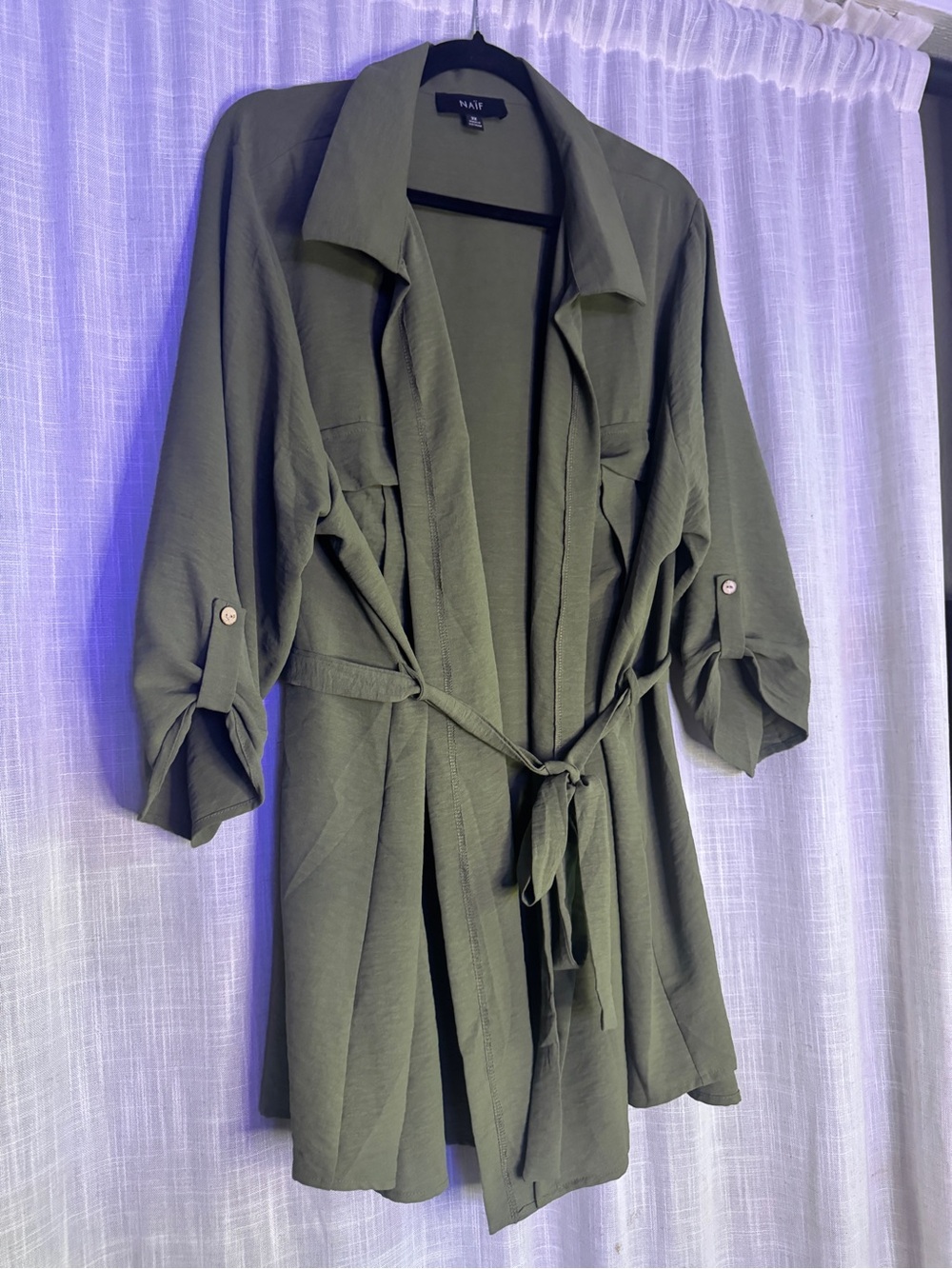 NAÏF Olive Green Utility Duster Jacket 3X Belted Roll-Tab Sleeves Plus Size